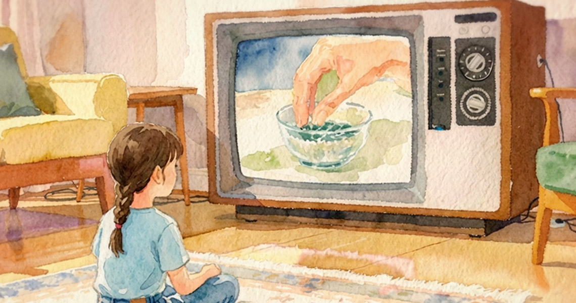 Child watches TV commercial