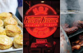 Biscuits, Hot Now Krispy Kreme Sign. barbecue on the smoker