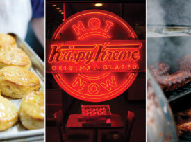 Biscuits, Hot Now Krispy Kreme Sign. barbecue on the smoker