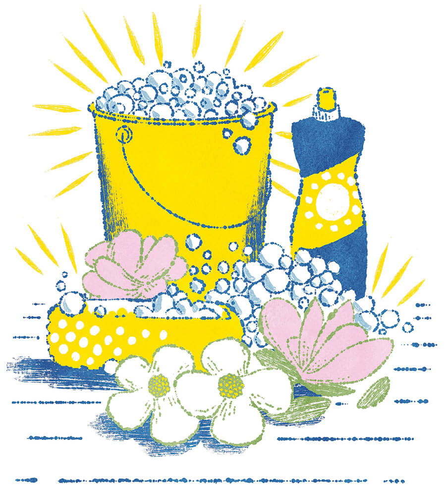 Illustration of sudsy bucket and cleaning product