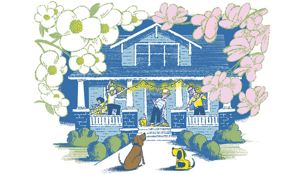 Illustration of family cleaning their porch