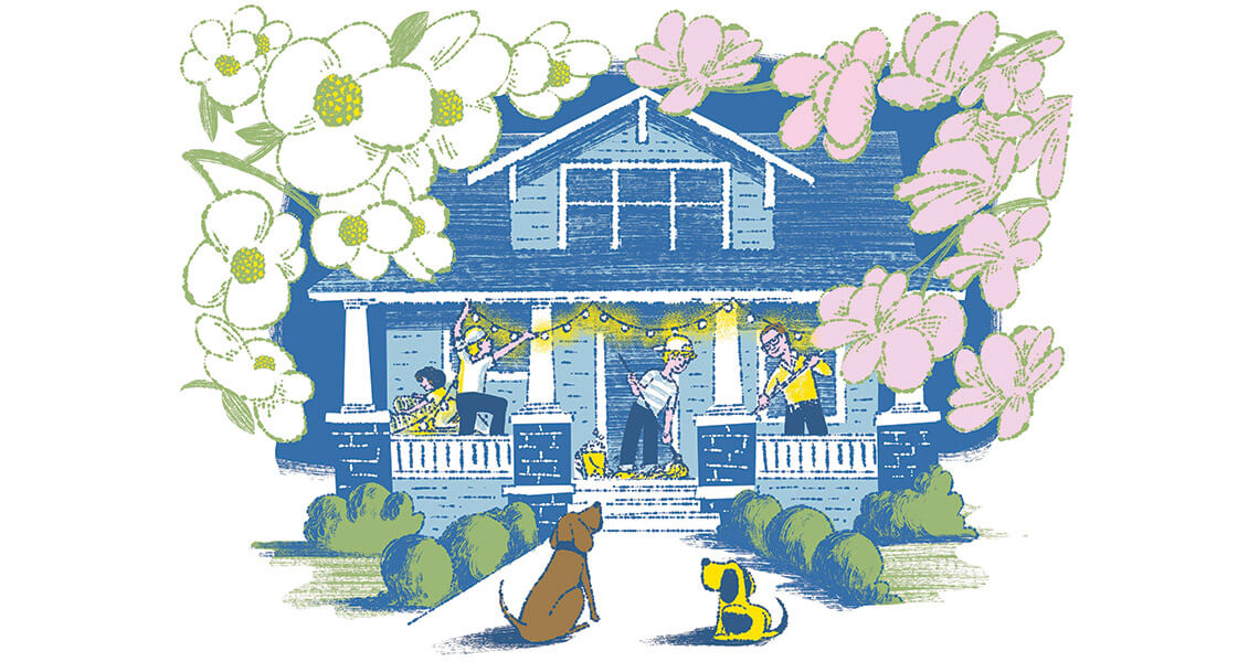 Illustration of family cleaning their porch