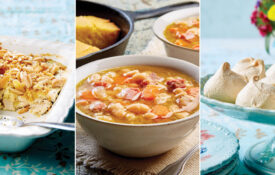 Poppy seed and chicken casserole, bean and ham bone soup, lavender meringues