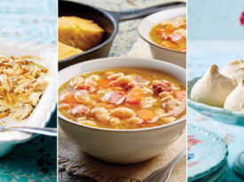 Poppy seed and chicken casserole, bean and ham bone soup, lavender meringues