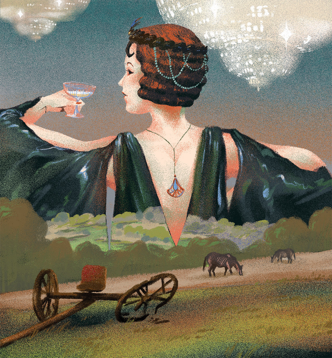 Illustration of woman in Roaring Twenties attire in the mountains