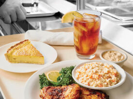 Cafeteria tray with cod, slaw, and egg custard pie