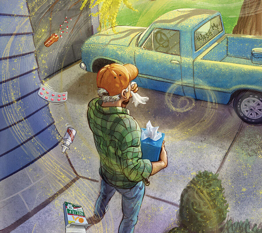 Illustration of author armed with allergy medications